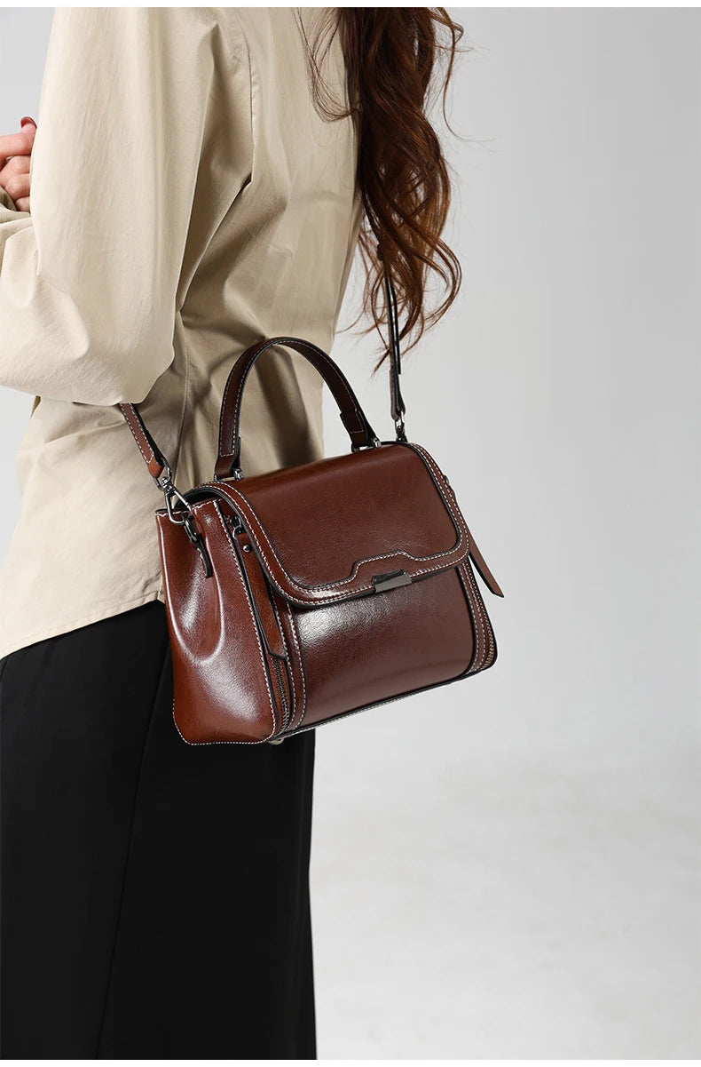 Genuine Cow Leather Top Handle Crossbody Bag