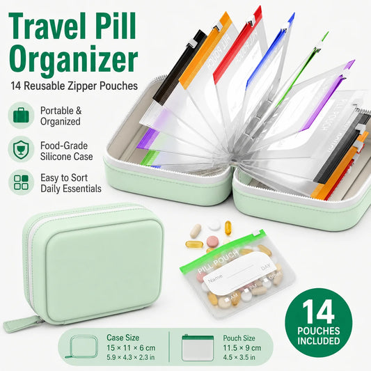 Travel Pill Organiser with 14 Reusable Pouches