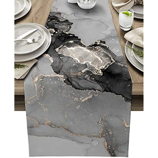Black Grey Marble Linen Table Runner