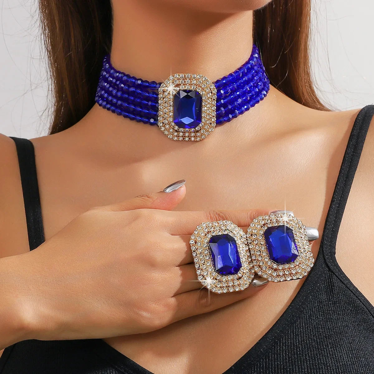 Multilayer Crystal Necklace & Geometric Earring Set