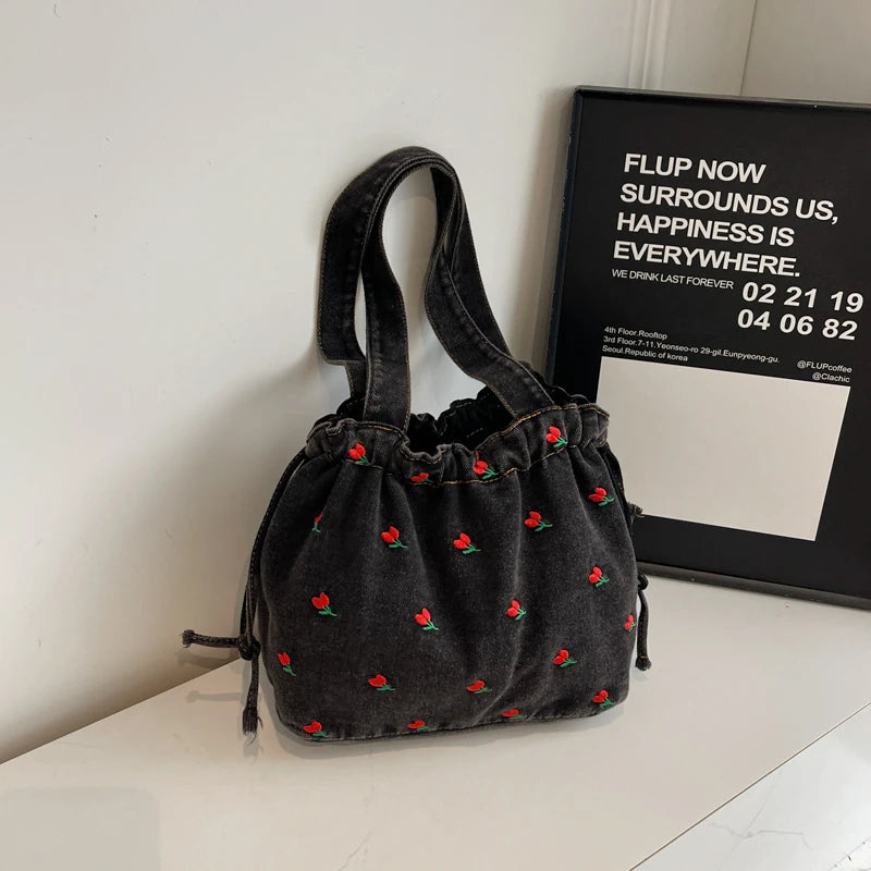 Embroidered Denim Drawstring Shoulder Tote Bag