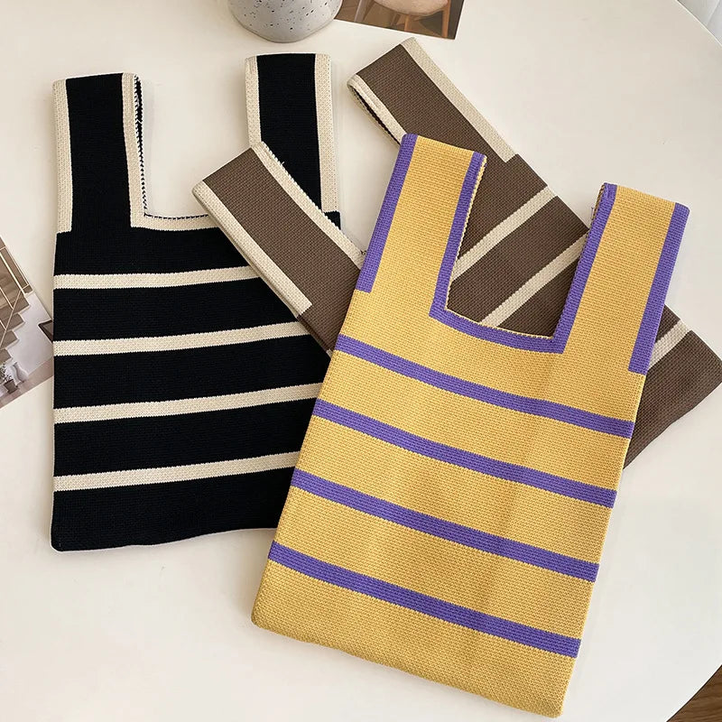 Handmade Knitted Striped Mini Tote Bag