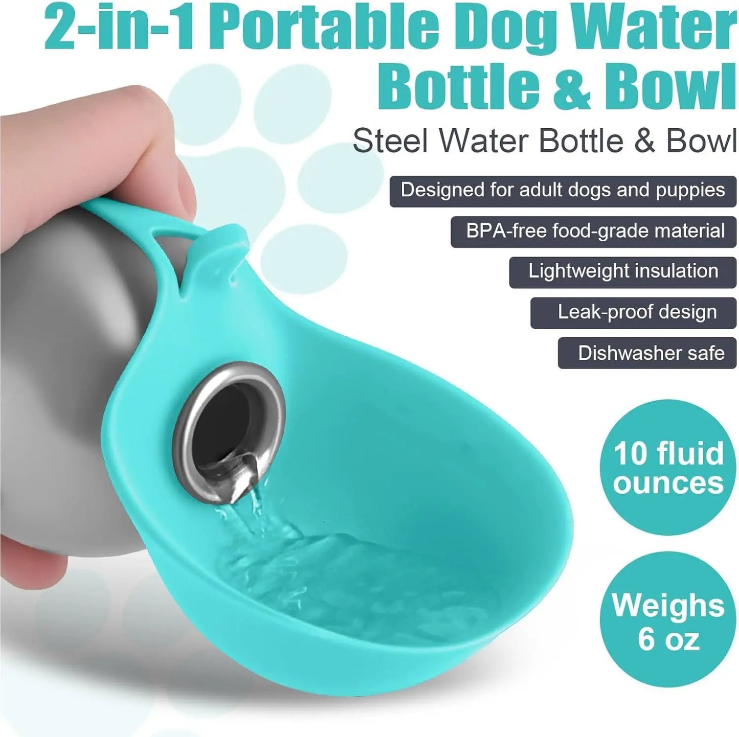 Portable Stainless Steel Dog Water Bottle with Collapsible Silicone Bowl