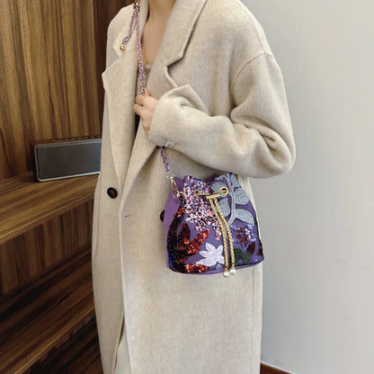 Floral Embroidered Bucket Crossbody Bag