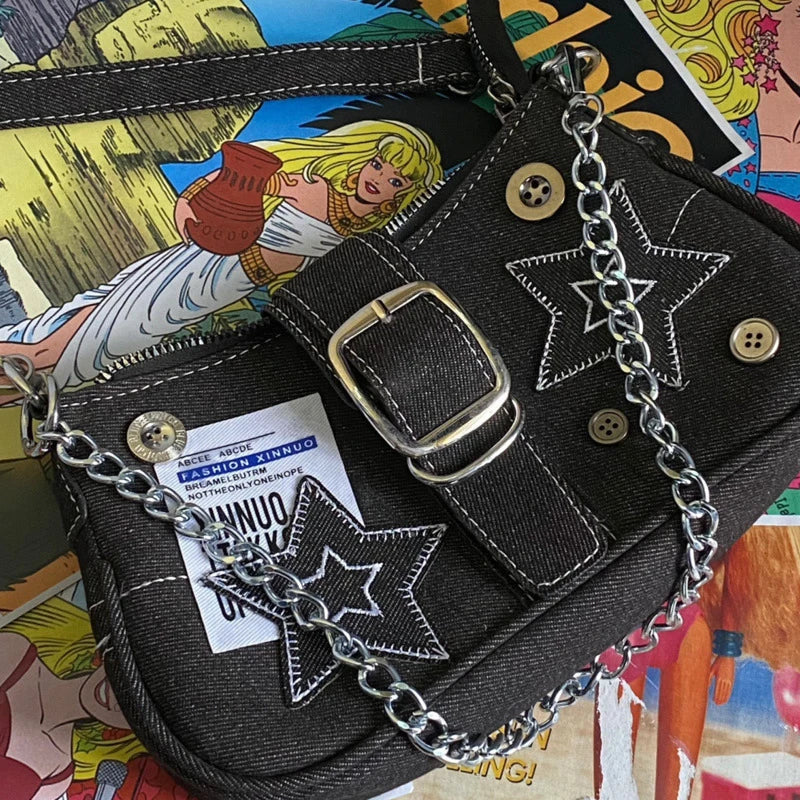 Denim Canvas Shoulder Bag with Chain Strap