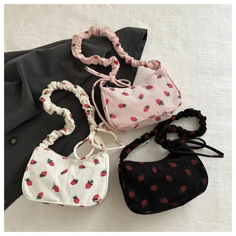 Strawberry Print Corduroy Mini Shoulder Bag