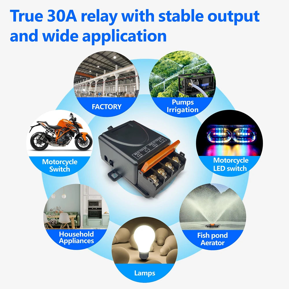 12V–72V DC Wireless Relay Receiver with 70m Remote Range