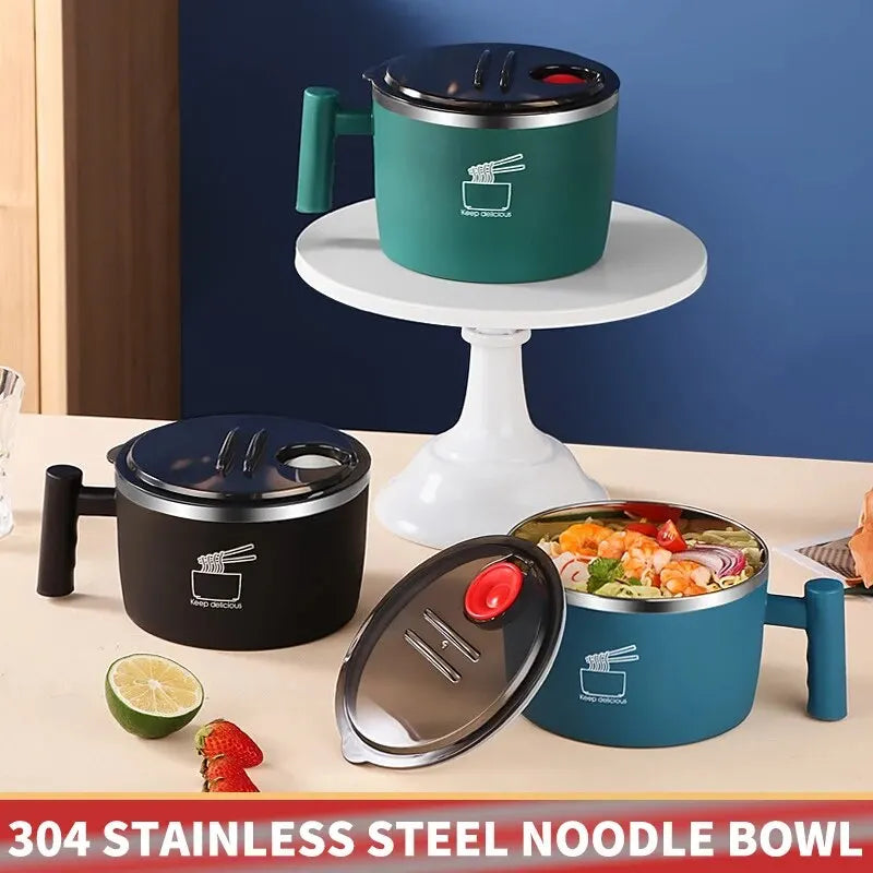 Insulated Stainless Steel Instant Noodle Bowl with Lid & Built-In Strainer