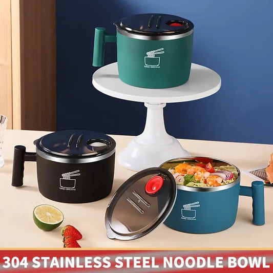Insulated Stainless Steel Instant Noodle Bowl with Lid & Built-In Strainer