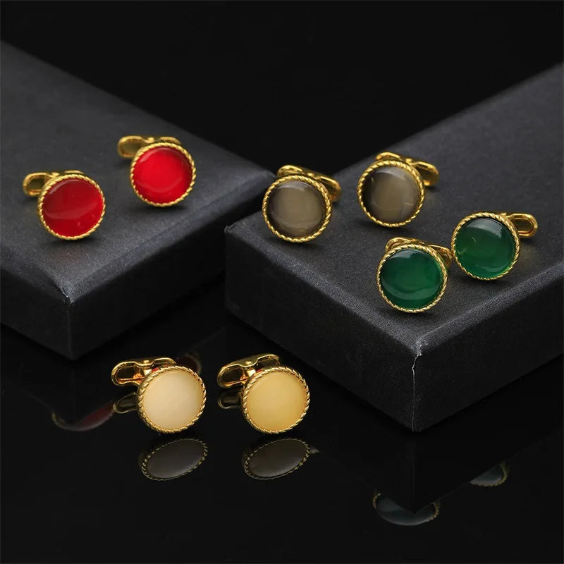 Round Gold-Tone Cufflinks with Coloured Stone