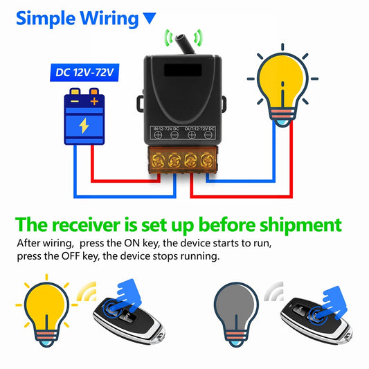 12V–72V DC Wireless Relay Receiver with 70m Remote Range