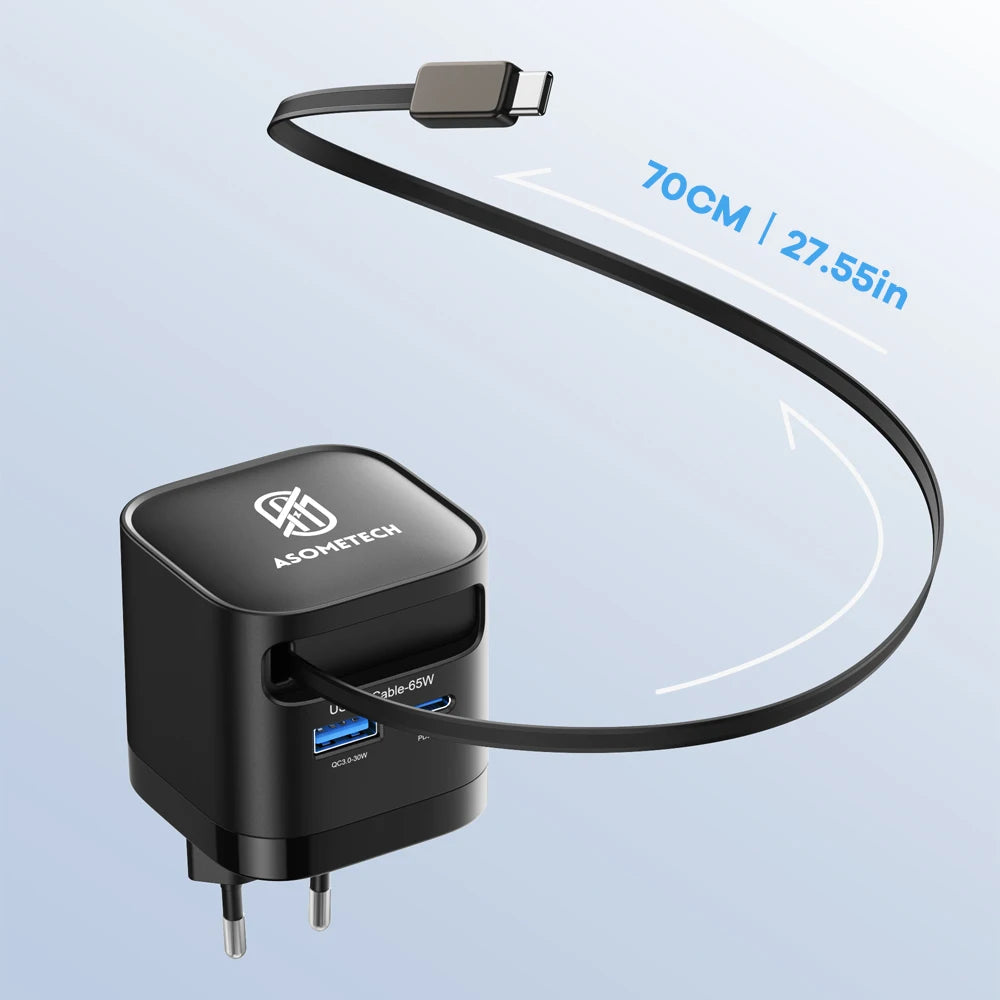 65W GaN USB Charger with Retractable Type-C Cable