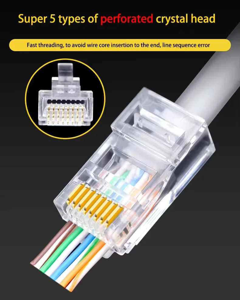 Pass-Through RJ45 Network Cable Connectors for Cat5e & Cat6 Ethernet Cables