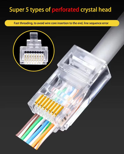 Pass-Through RJ45 Network Cable Connectors for Cat5e & Cat6 Ethernet Cables