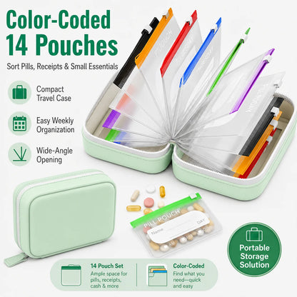 Travel Pill Organiser with 14 Reusable Pouches
