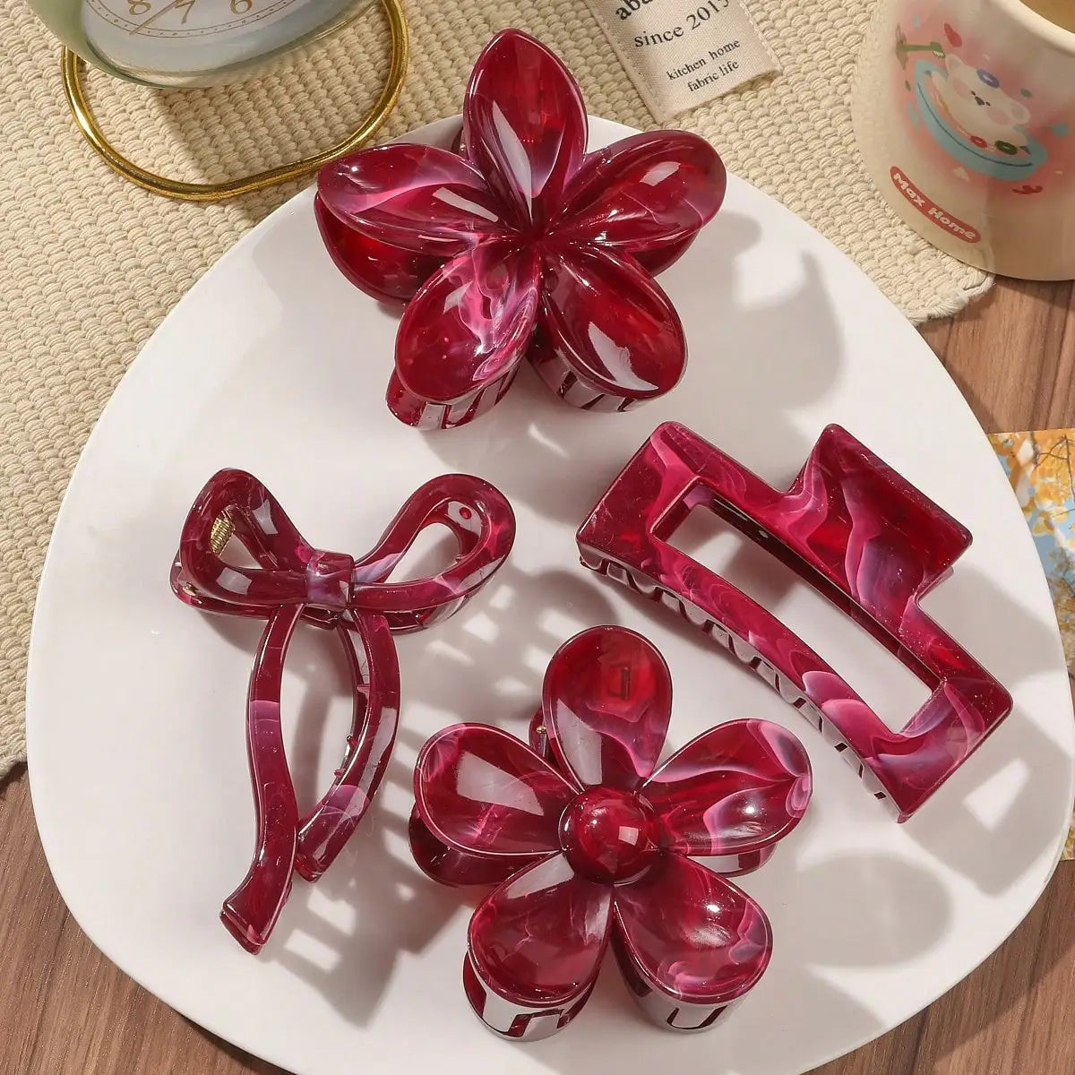 Burgundy Bow Flower Hair Claw Clips Set
