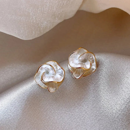 White Enamel  Camellia Stud Earrings