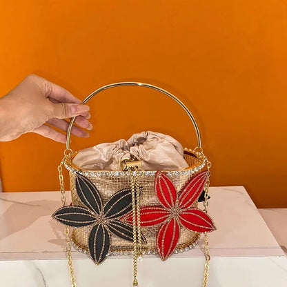 Handmade Floral Rhinestone Bucket Evening Bag