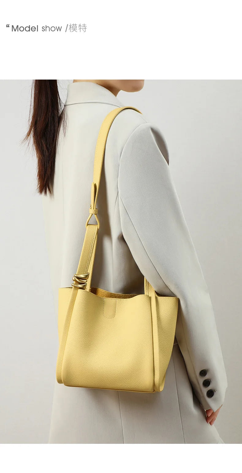 Genuine Leather Yellow Bucket Tote Bag for Women