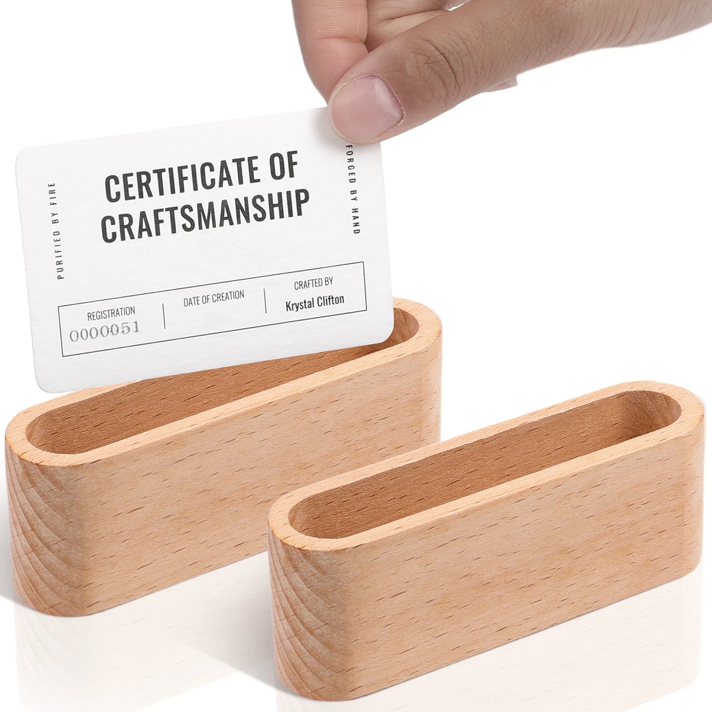Wooden Business Card Holder Desk Organizer with Pen Slot