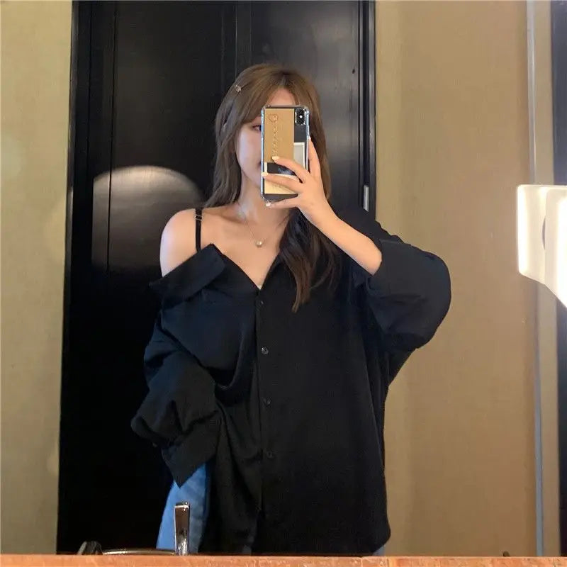 Korean Style Off Shoulder Long Sleeve Shirt