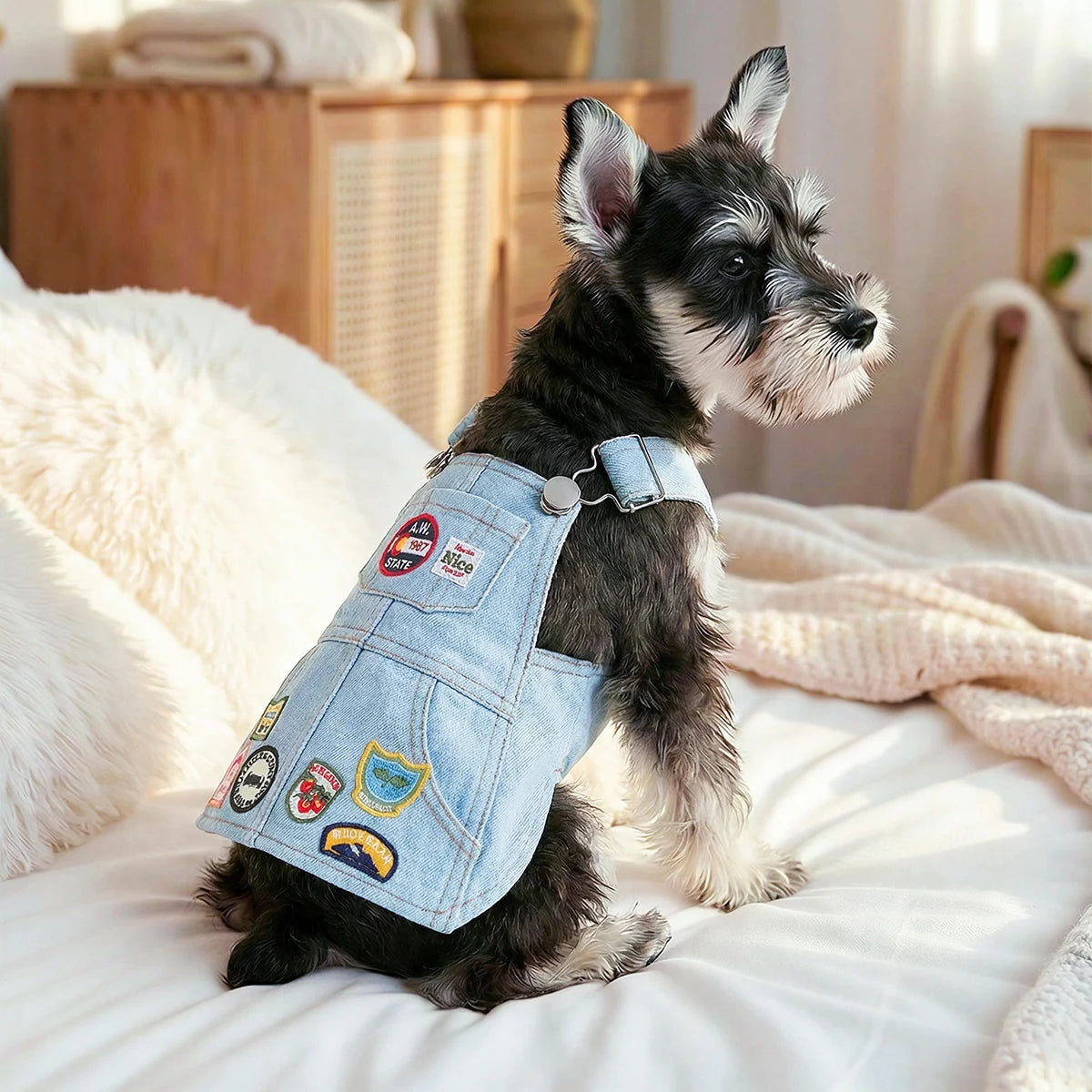 Retro Denim Pet Dress with Badge Patches