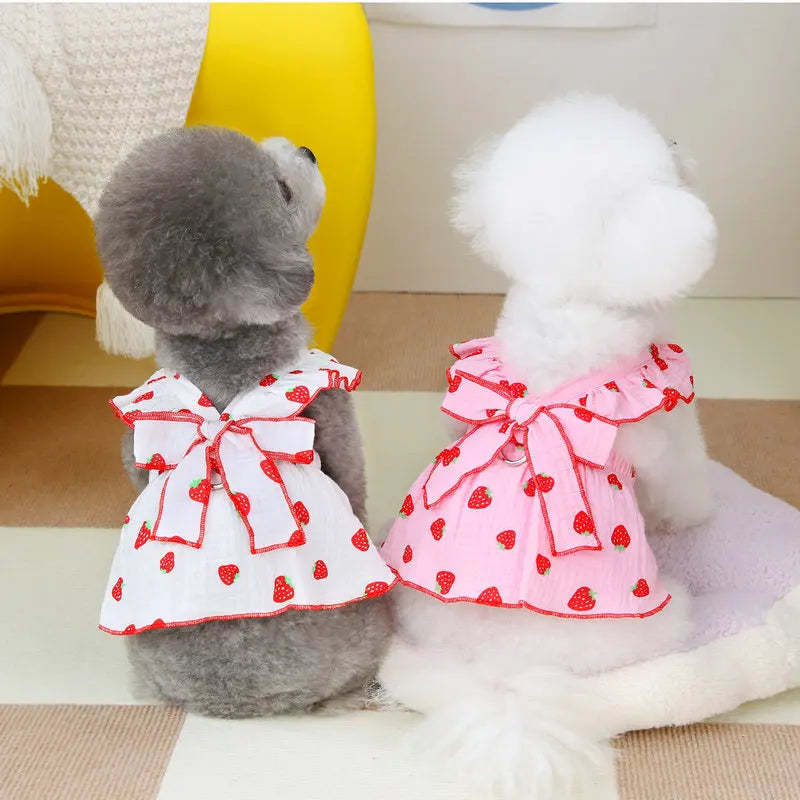 Strawberry Print Summer Dog Dress with Bow