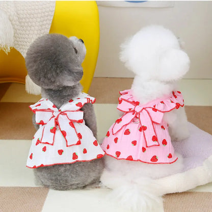 Strawberry Print Summer Dog Dress with Bow