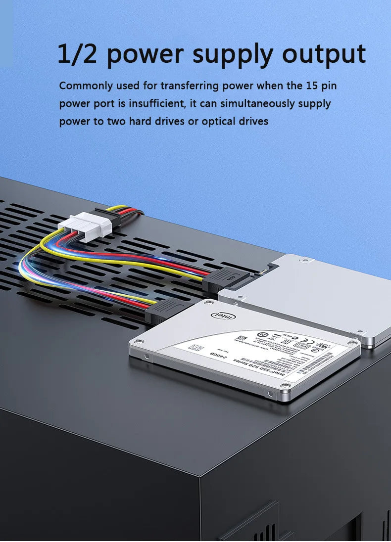 Dual SATA 15-Pin & 4-Pin Molex Power Splitter Cable for PC Hard Drives and SSDs
