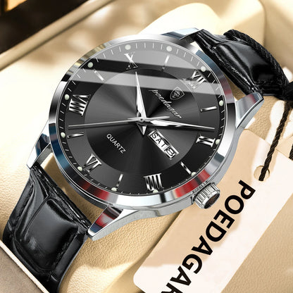 Men's Leather Quartz Watch with Date & Week Display
