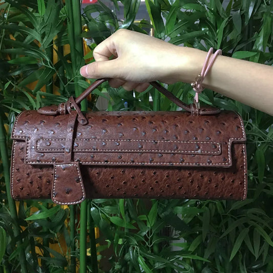 Embossed Ostrich Print Top Handle Handbag