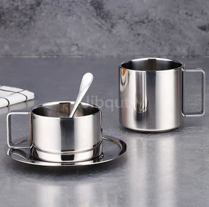 Double Wall Stainless Steel Coffee Cup Set with Spoon & Saucer