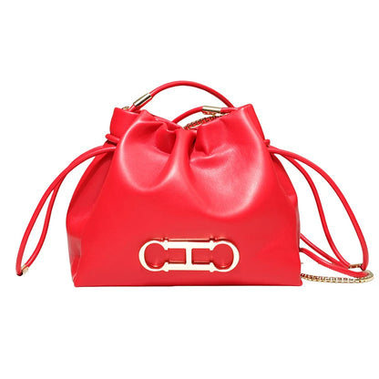 CH Drawstring Bucket Bag – PU Leather Gold Chain Handbag