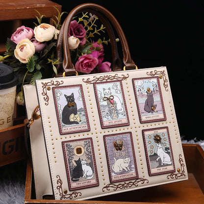 Vintage Cat Print Leather Tote Bag