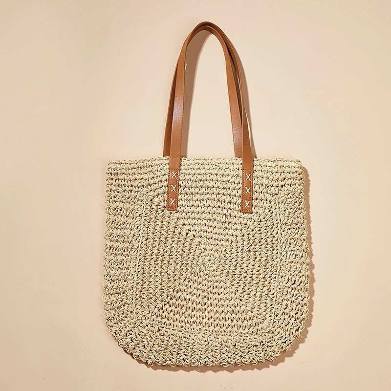 Handmade Woven Straw Beach Tote Bag