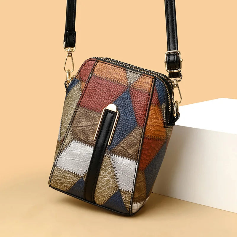 Vintage Patchwork Shoulder Bag with Zipper Closure