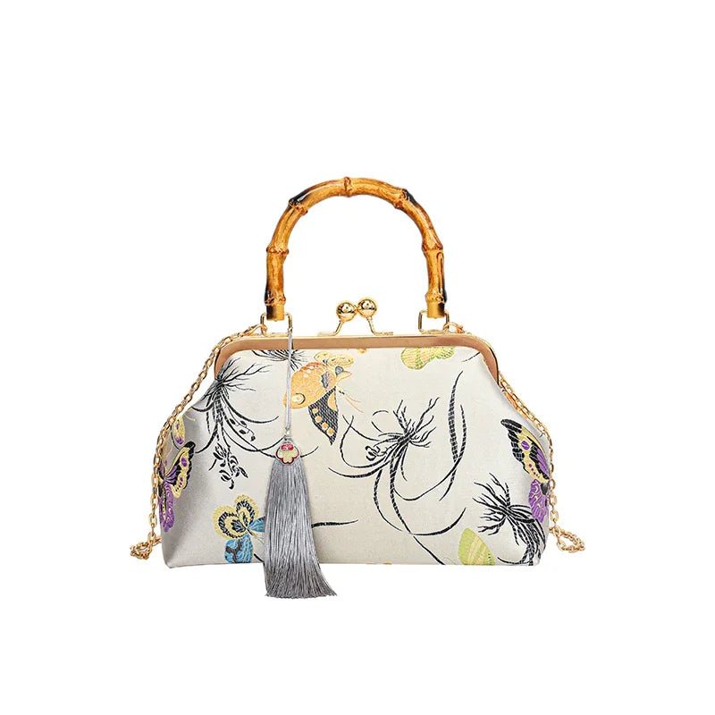 Luxury Embroidered Evening Handbag with Bamboo Handle