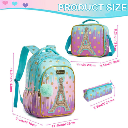 Girls 3-Piece School Backpack Set with Lunch Bag & Pencil Case