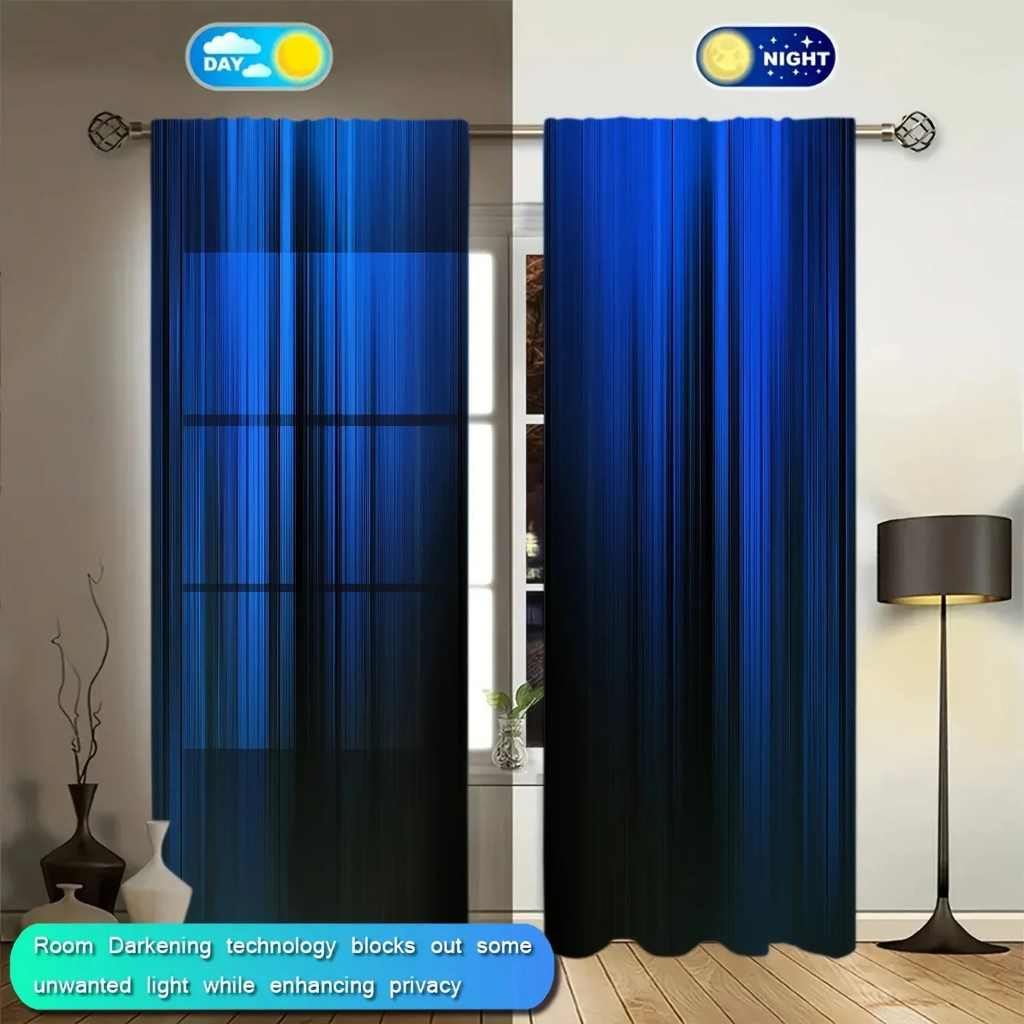 Blue & Black Gradient Stripe Window Curtains