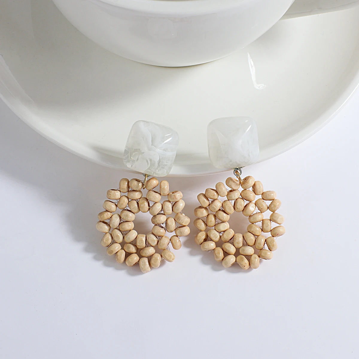AENSOA Boho Handmade Geometric Wooden Drop Earrings