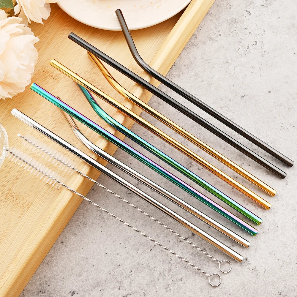 Reusable 304 Stainless Steel Metal Drinking Straws Set with Cleaning Brush