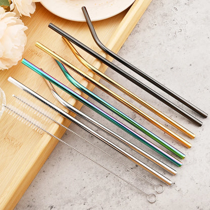 Reusable 304 Stainless Steel Metal Drinking Straws Set with Cleaning Brush