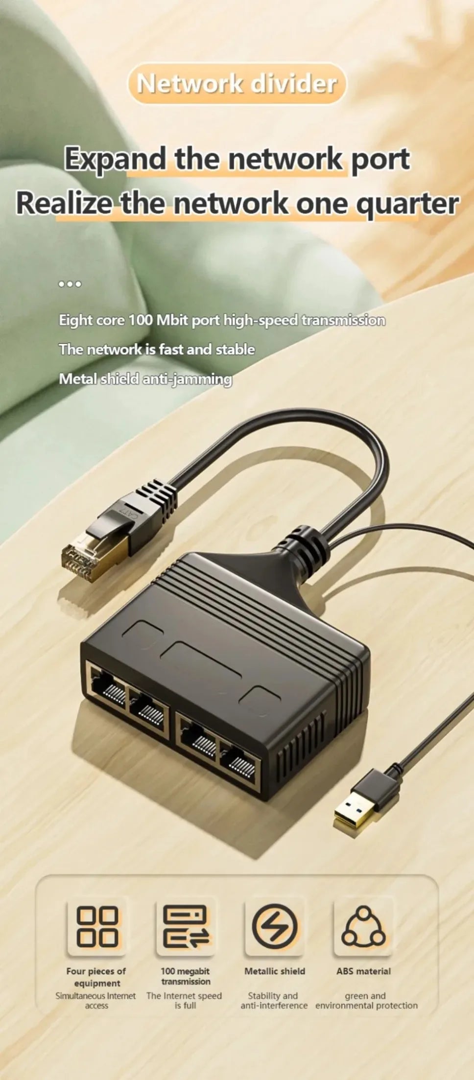 1-to-4 RJ45 Ethernet Network Splitter Adapter