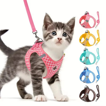 Checkered Reflective Pet Harness with Leash Set
