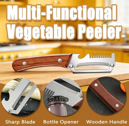 3-in-1 Stainless Steel Vegetable & Fruit Peeler with Oak Handle