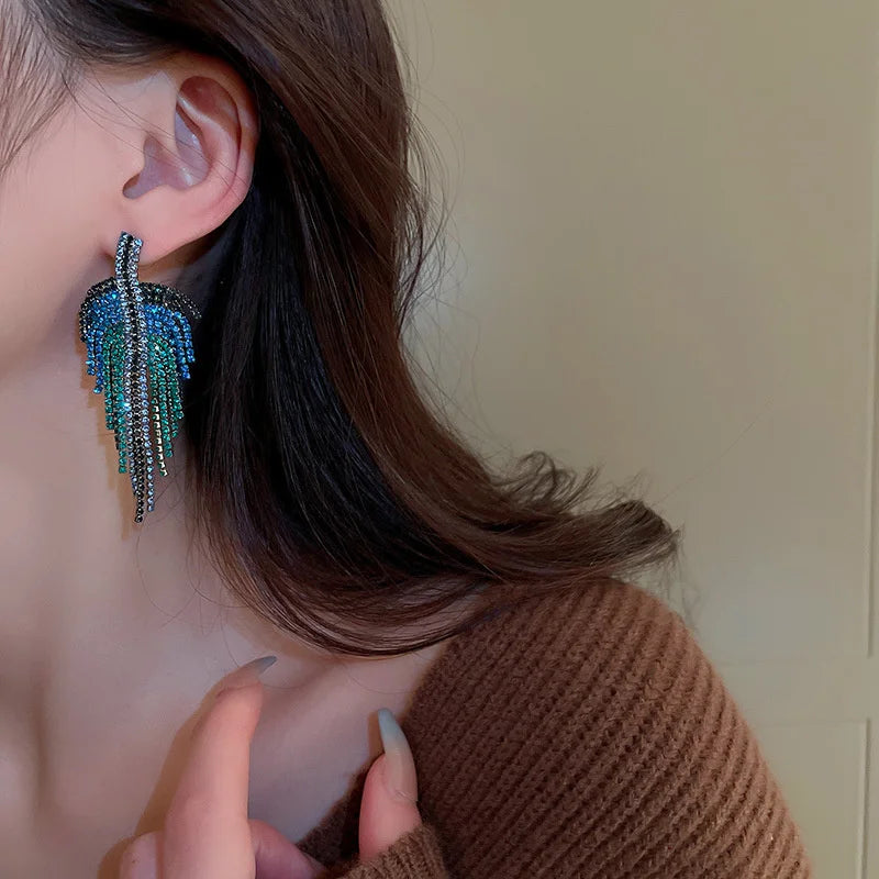 Blue Crystal Long Tassel Drop Earrings