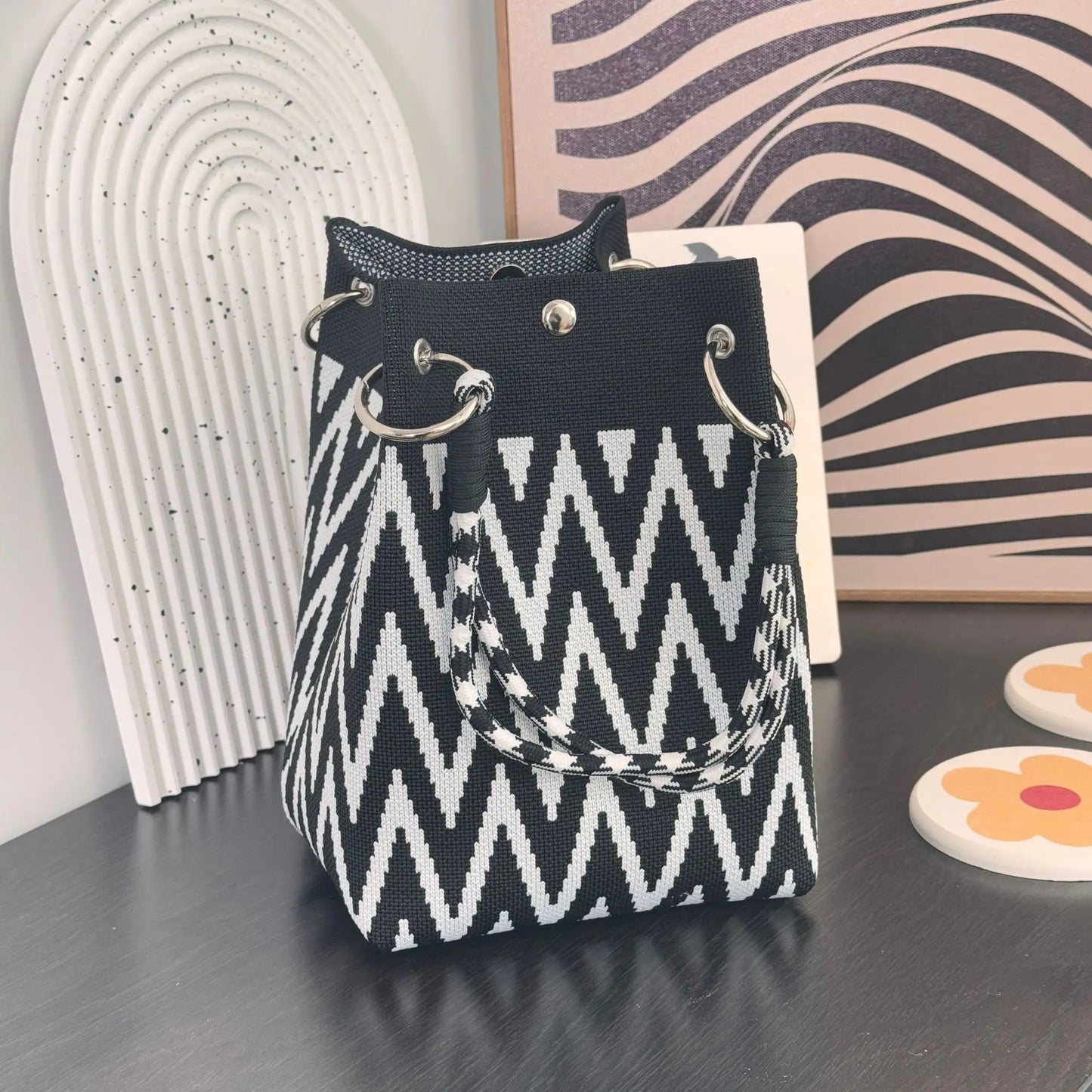 Mini Knitted Bucket Bag – Colorblock Women’s Handbag