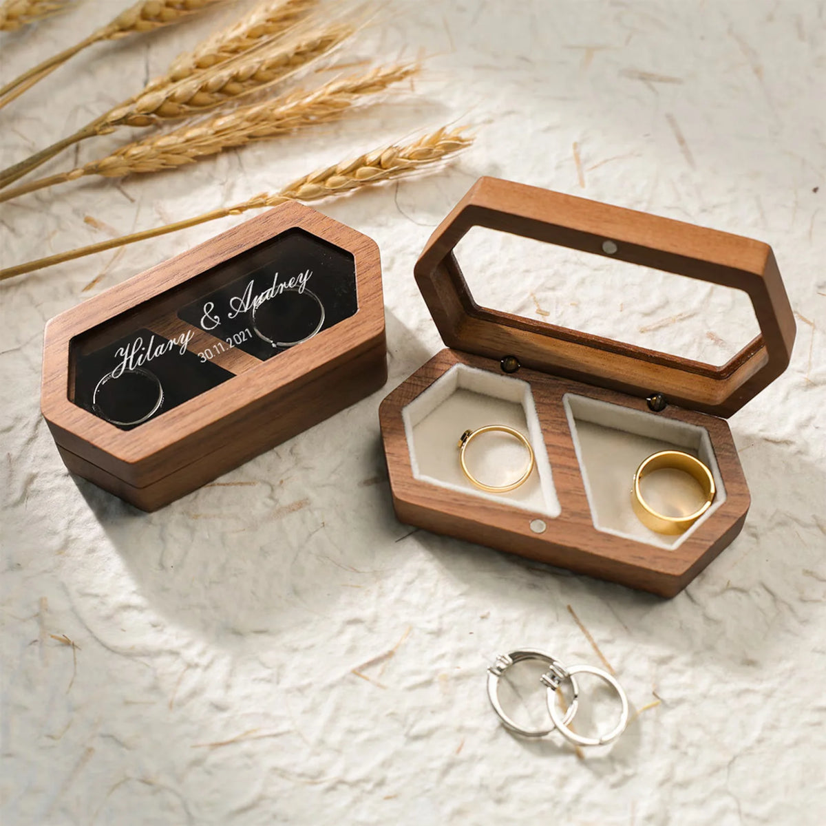 Personalized Wooden Double Ring Box with Clear Window