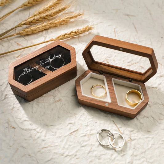 Personalized Wooden Double Ring Box with Clear Window