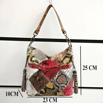 Designer Cow Leather Color Block Crossbody Bucket Handbag
